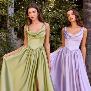 New A-line Sleeveless Bridesmaid Satin Dress w/ Lace Up Back & Leg Slit CD 7446